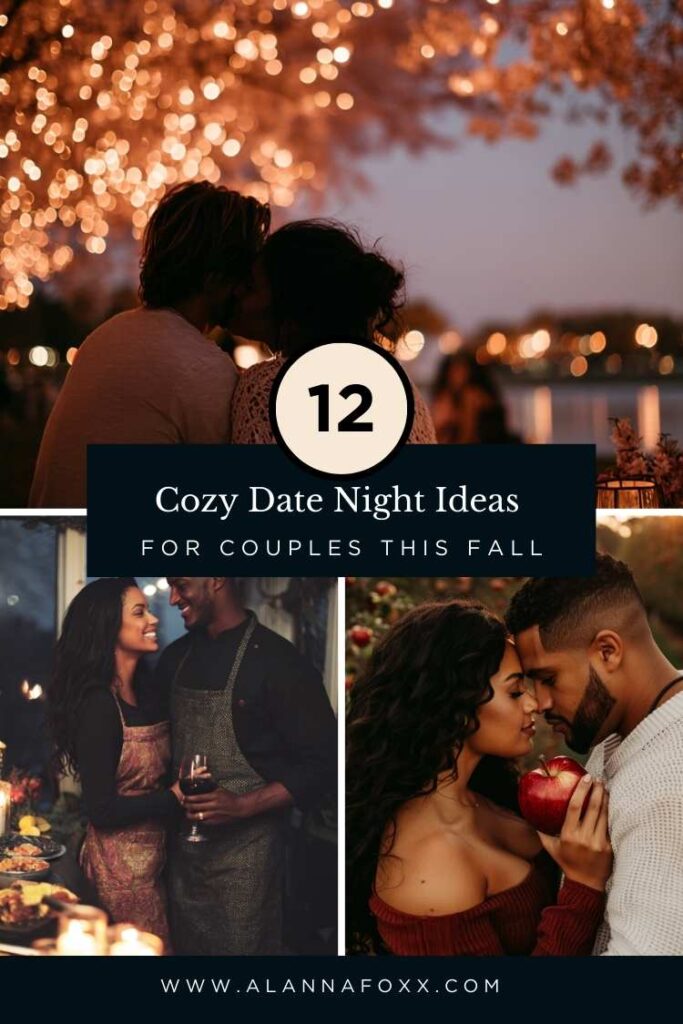 Couple enjoying cozy fall date night ideas like stargazing, apple picking, and candlelit dinners.”