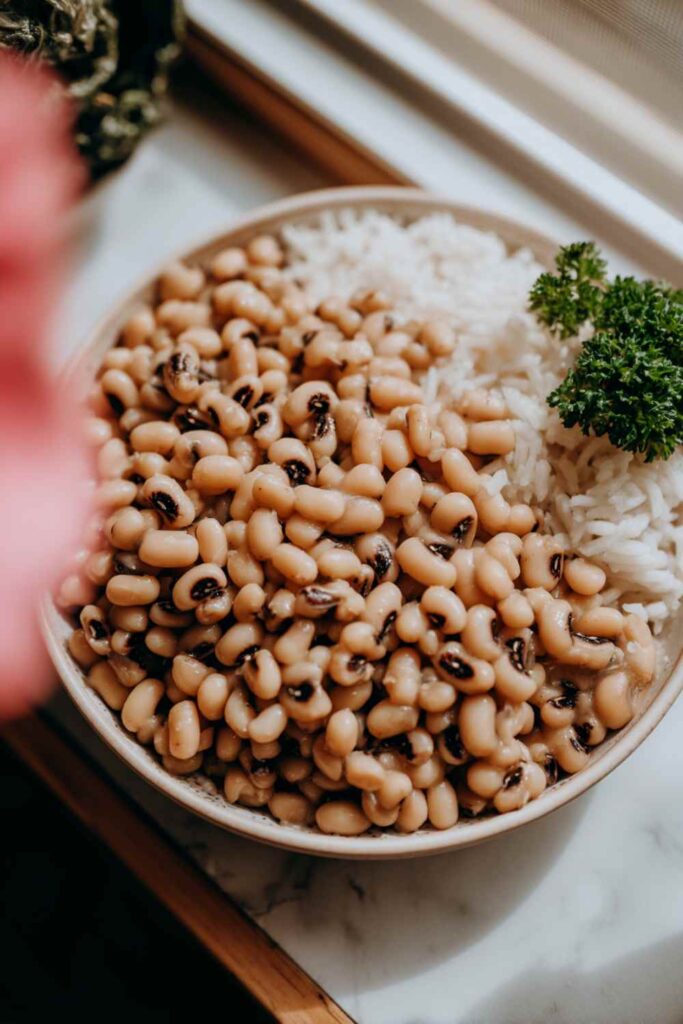 Vegetarian Black-Eyed Peas recipe served in a bowl with rice and greens, healthy meat-free side dish.